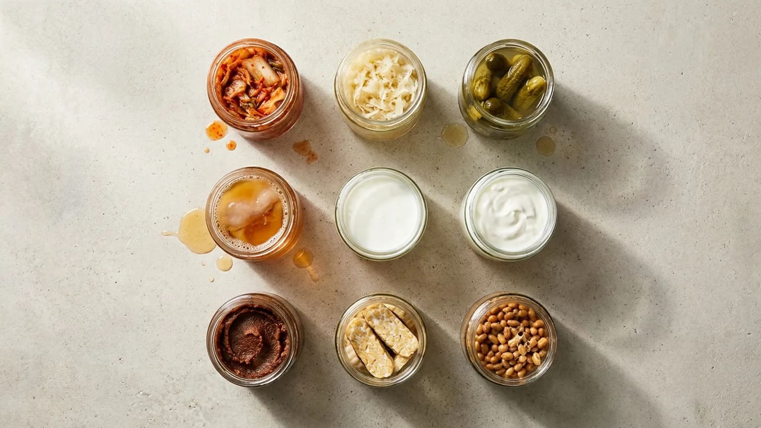Devět stejných skleniček ve třech řadách na světlém betonu: kimchi, kysané zelí, nakládané okurky, kombucha, kefír, jogurt, miso pasta, tempeh a natto