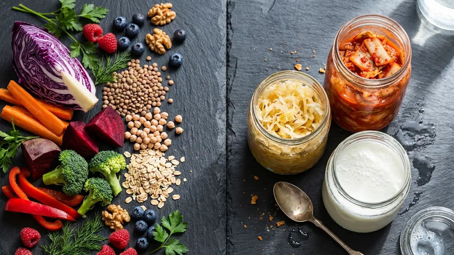 Tmavá břidlicová deska rozdělená na dvě poloviny: vlevo fialové zelí, mrkev, řepa, brokolice, červená paprika, čočka, cizrna, ovesné vločky, vlašské ořechy a bobulové ovoce, vpravo tři otevřené sklenice s kysaným zelím, kimchi a kefírem