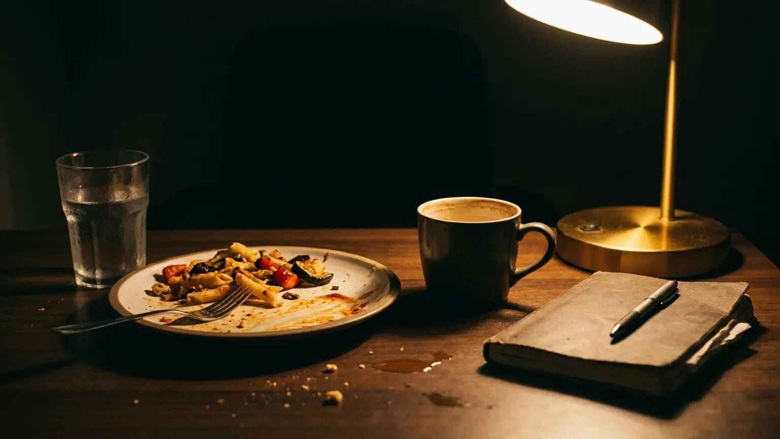 Rozpůlený oběd na tmavém stole vedle notebooku — miska rýže s pečenou červenou paprikou, cuketou a cizrnou, sklenice vody, dvě sousta nedojedená