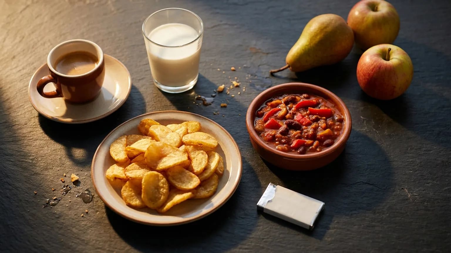 Pestrý stůl s typickými spouštěči — šálek espressa, sklenice mléka, talíř smažených hranolků, miska pálivého chilli s červenými papričkami, hrušky, jablka a balíček žvýkaček bez cukru