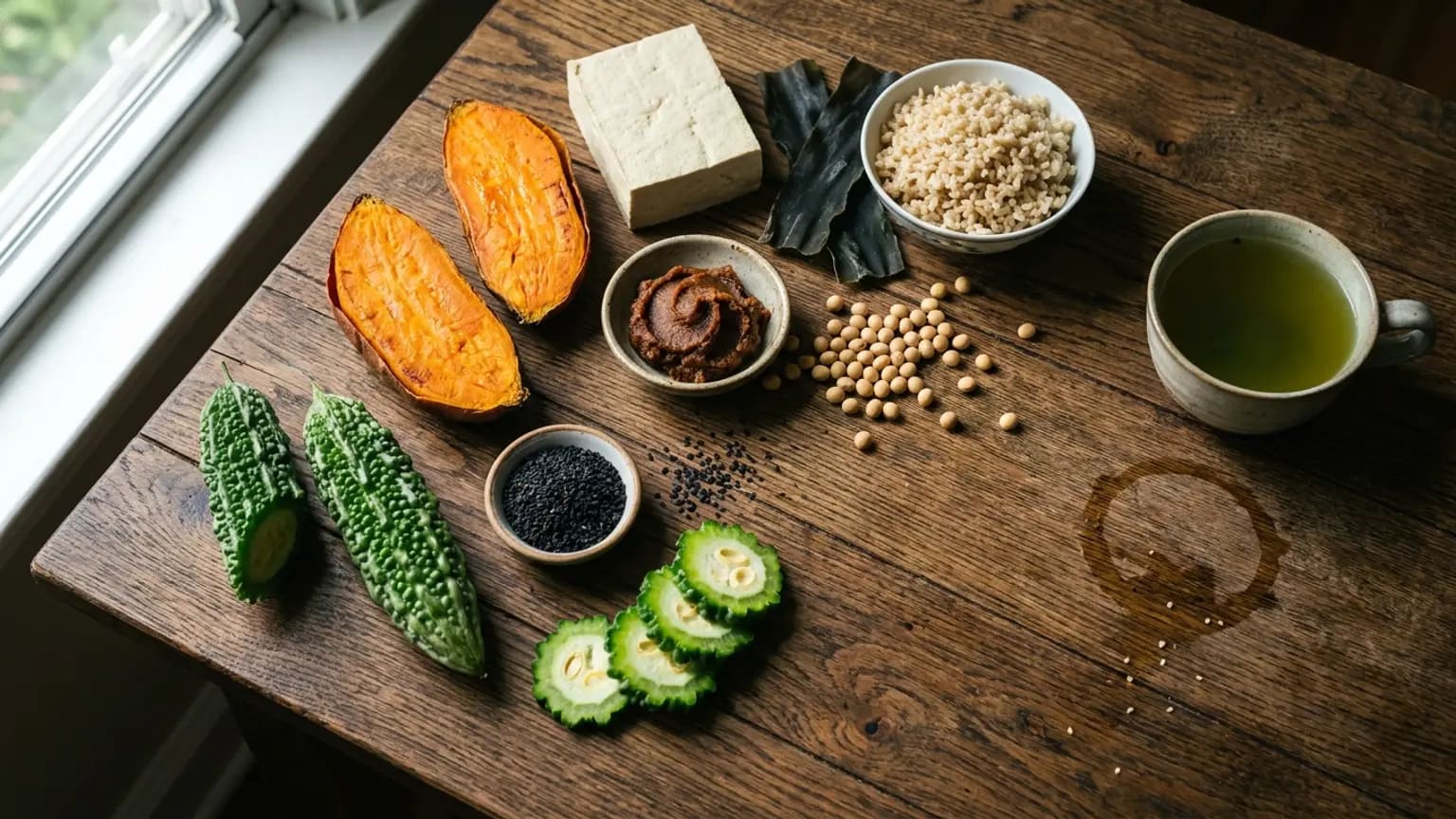 Dřevěný stůl u okna s okinawskou skladbou potravin: pečené batáty, tofu, miso pasta, sušené řasy, sójové boby, miska rýže natural, černý sezam, plátky hořkého melounu a šálek zeleného čaje