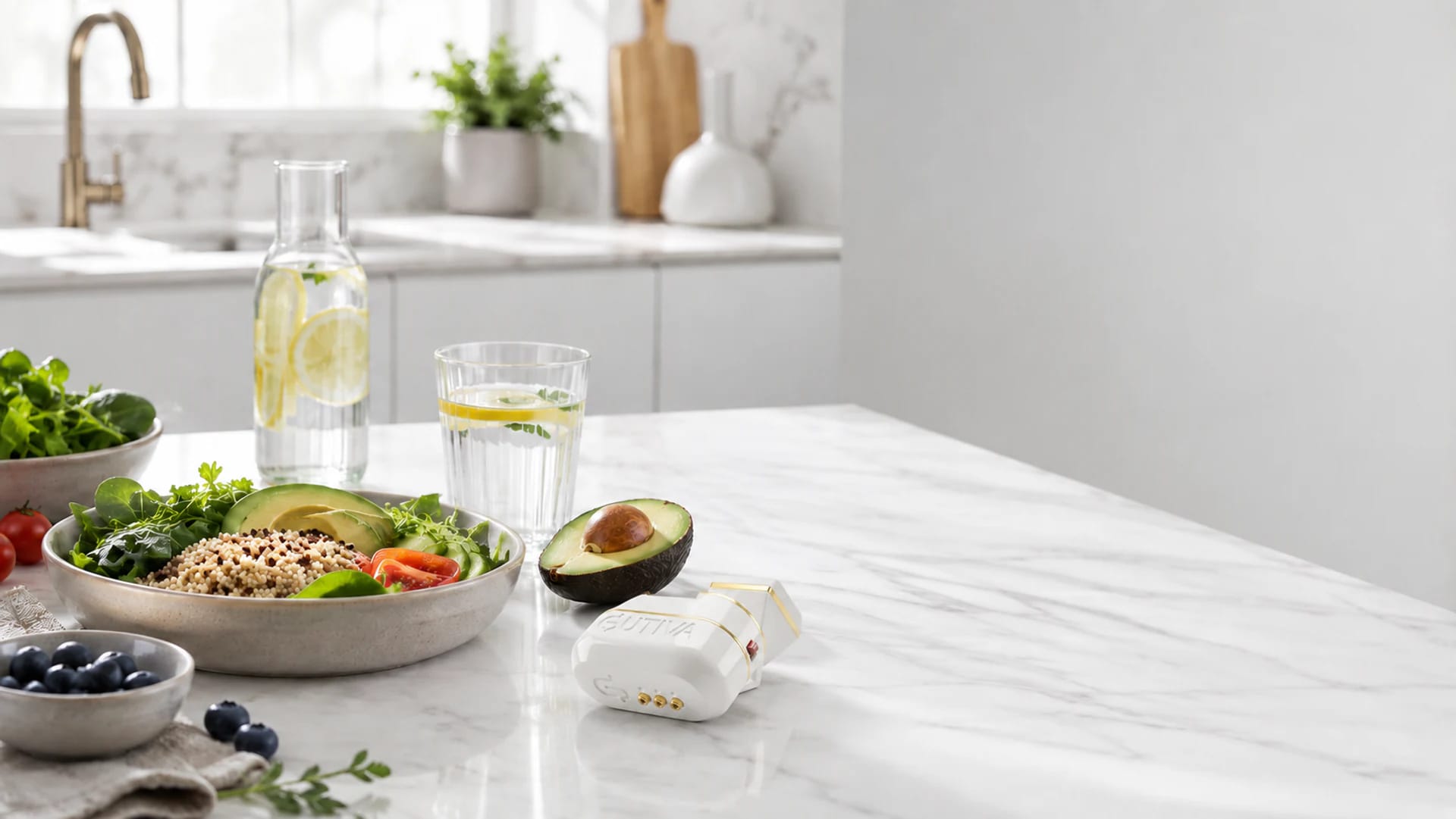 Healthy food and the Gutiva sensor on a kitchen counter