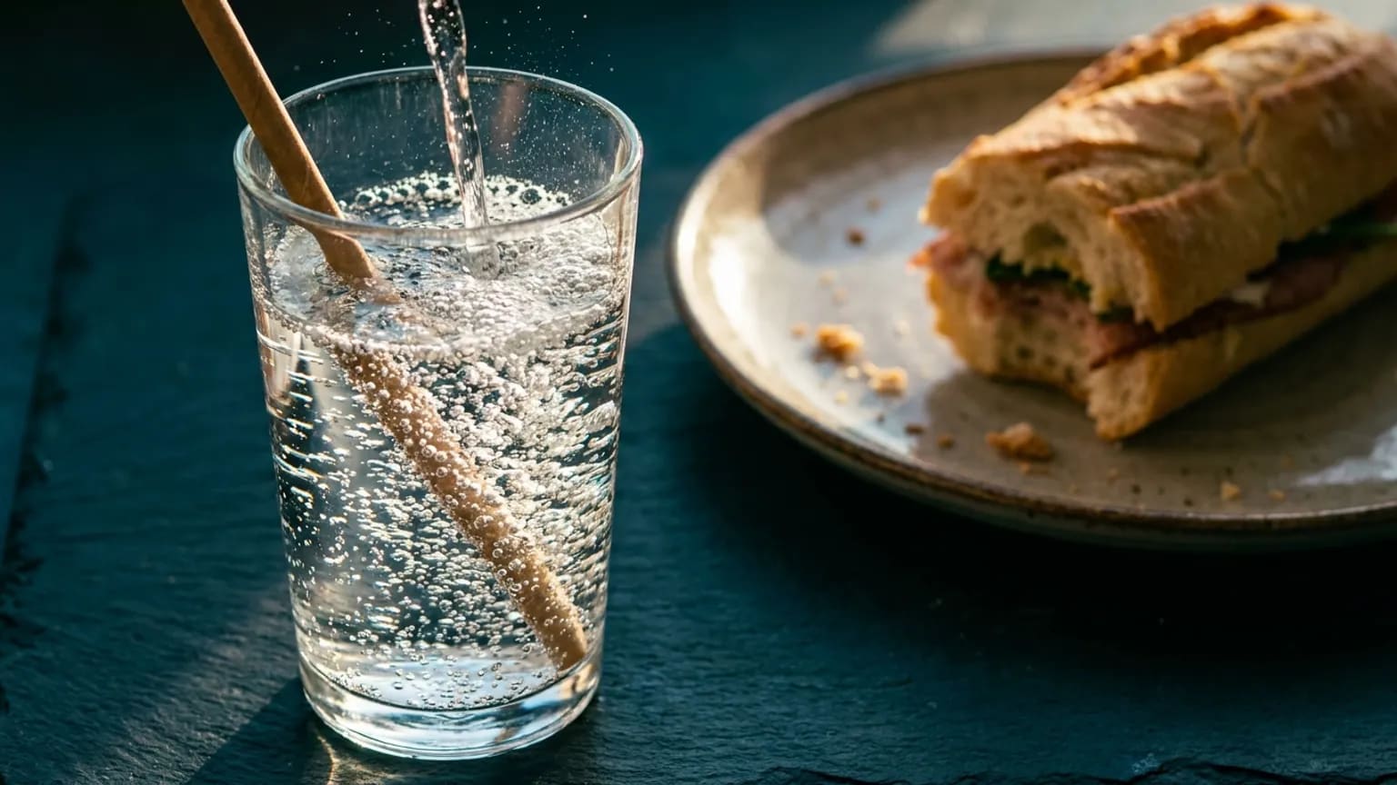 Vysoká sklenice perlivé vody s bublinkami a plátkem limetky, vedle brčko, rozkrojený grapefruit, jahody a mátové listy na bílém mramoru