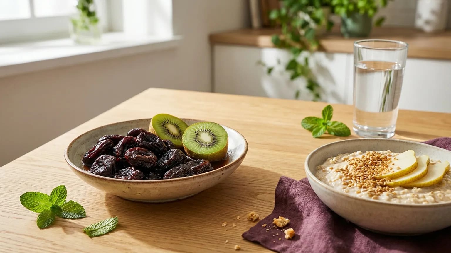 Miska namočených sušených švestek, rozpůlená zelená kiwi, ovesná kaše s lněným semínkem a hruškou a velká sklenice vody na světlém dřevěném stole