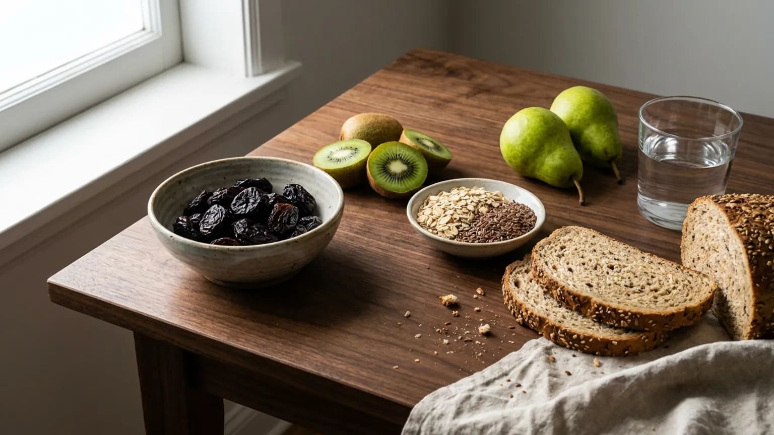 Dřevěný stůl s miskou sušených švestek, rozkrojenými zelenými kiwi, ovesnými vločkami s lněným semínkem, celozrnným chlebem, hruškami a sklenicí vody v ostrém denním světle