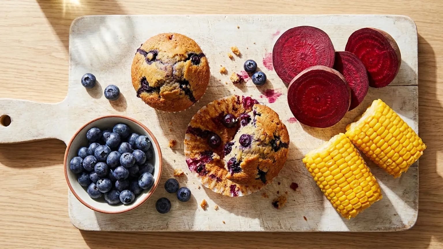 Muffiny s borůvkami, miska čerstvých borůvek, plátky červené řepy a klas vařené kukuřice na světlém dřevěném prkénku