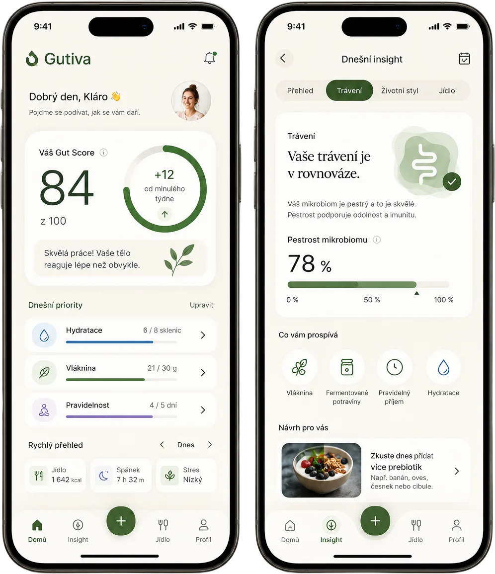 Aplikace Gutiva: Gut Score 84 a Dnešní insight s pestrostí mikrobiomu 78 %